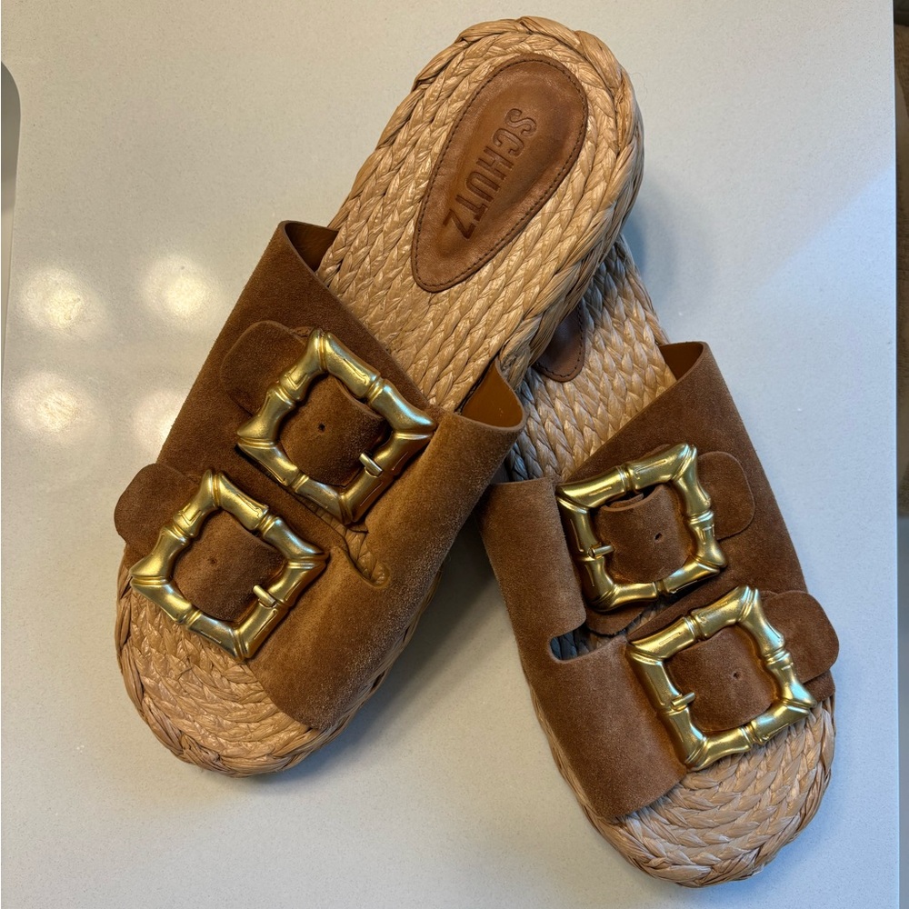 SCHUTZ Brown Suede Espadrille Mules with Gold Buckle